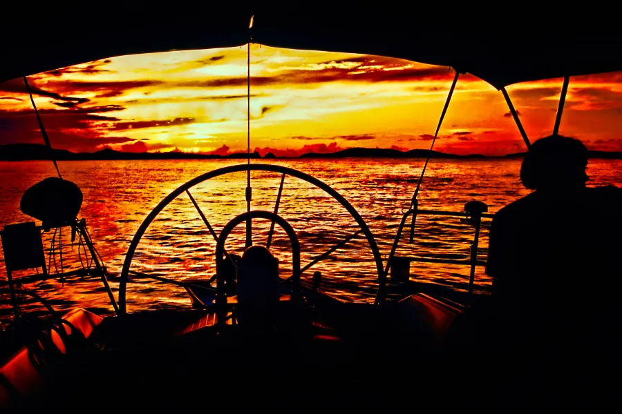 Sailing in the islands at sunset